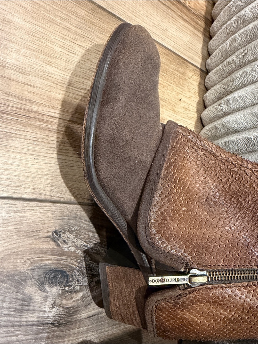 Donald J. Pliner Textured Brown Leather Knee Boots with Side Zips - Picture 4 of 12